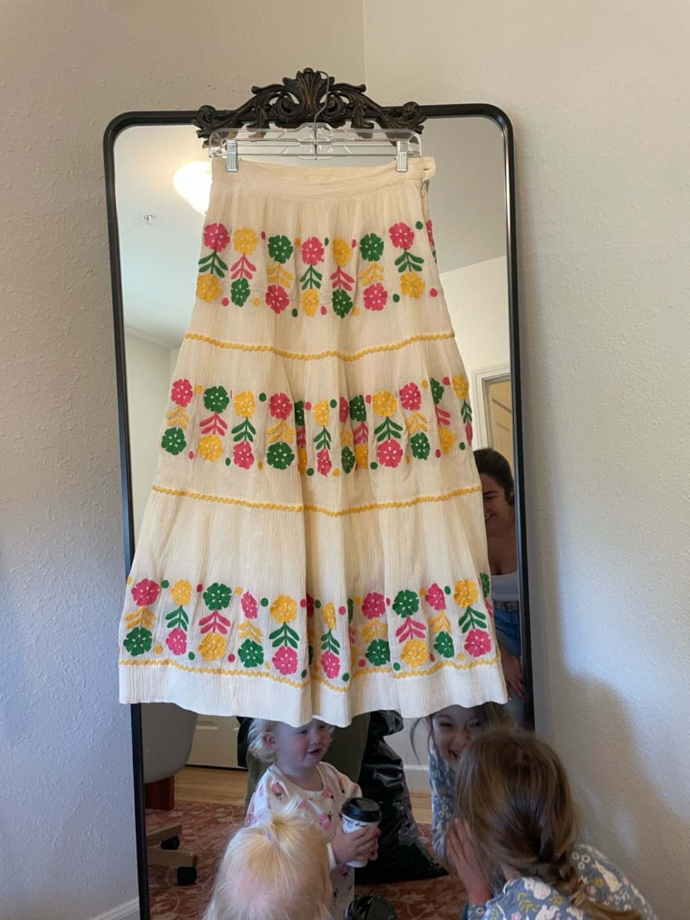Antik Batik Cream Tiered Maxi Skirt with Multicolor Floral Embroidery